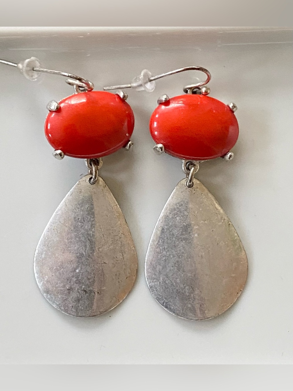 Vtg GERARD YOSCA Signed Faux Coral Cabochon Silver Teardrop Dangle Earrings